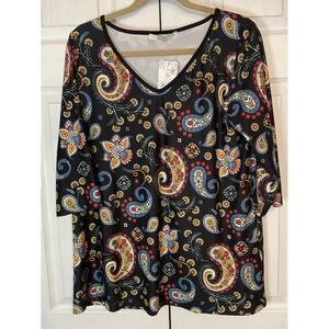 Sakurafiua Black V-Neck Paisley Print 3/4 Sleeve Top Shirt Size Medium New